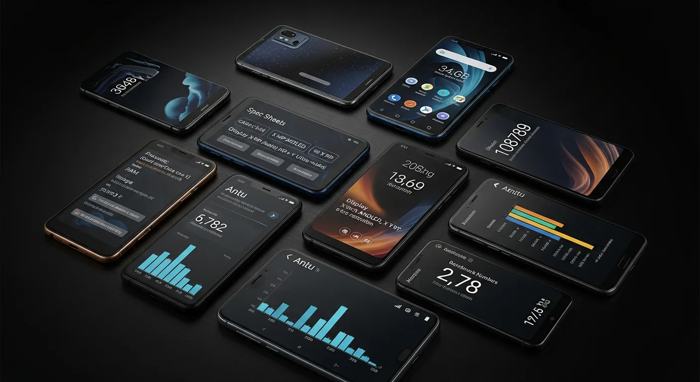 Smartphones alignés sur une surface sombre avec leurs fiches techniques