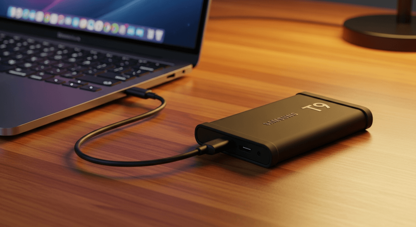 Samsung T9 SSD externe posé sur un bureau