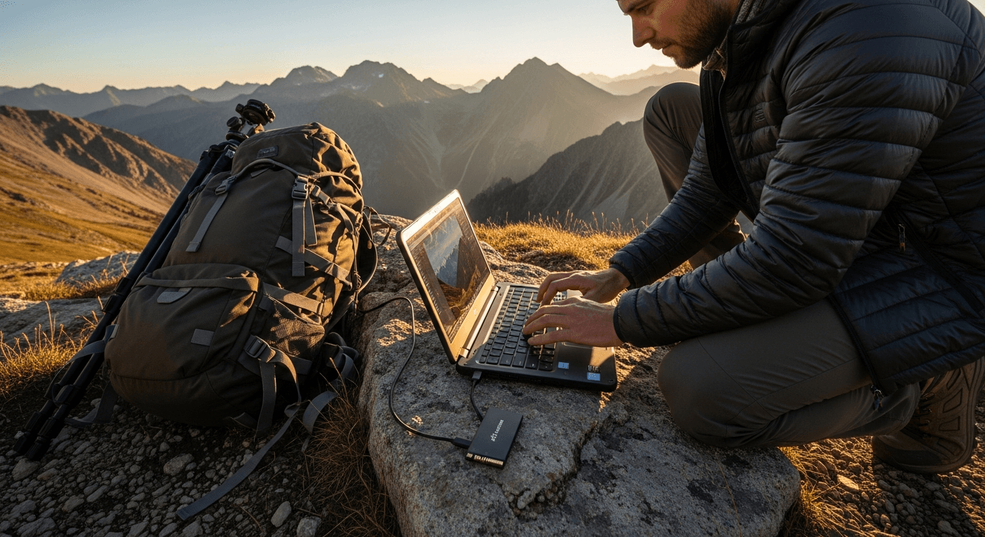 Photographe utilisant un SSD externe en extérieur