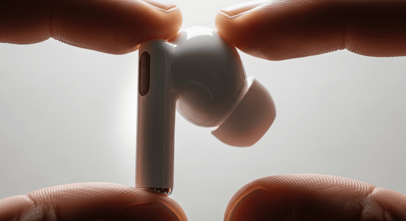 Vue en gros plan d'un AirPods 4 tenu entre deux doigts, détail du microphone ANC