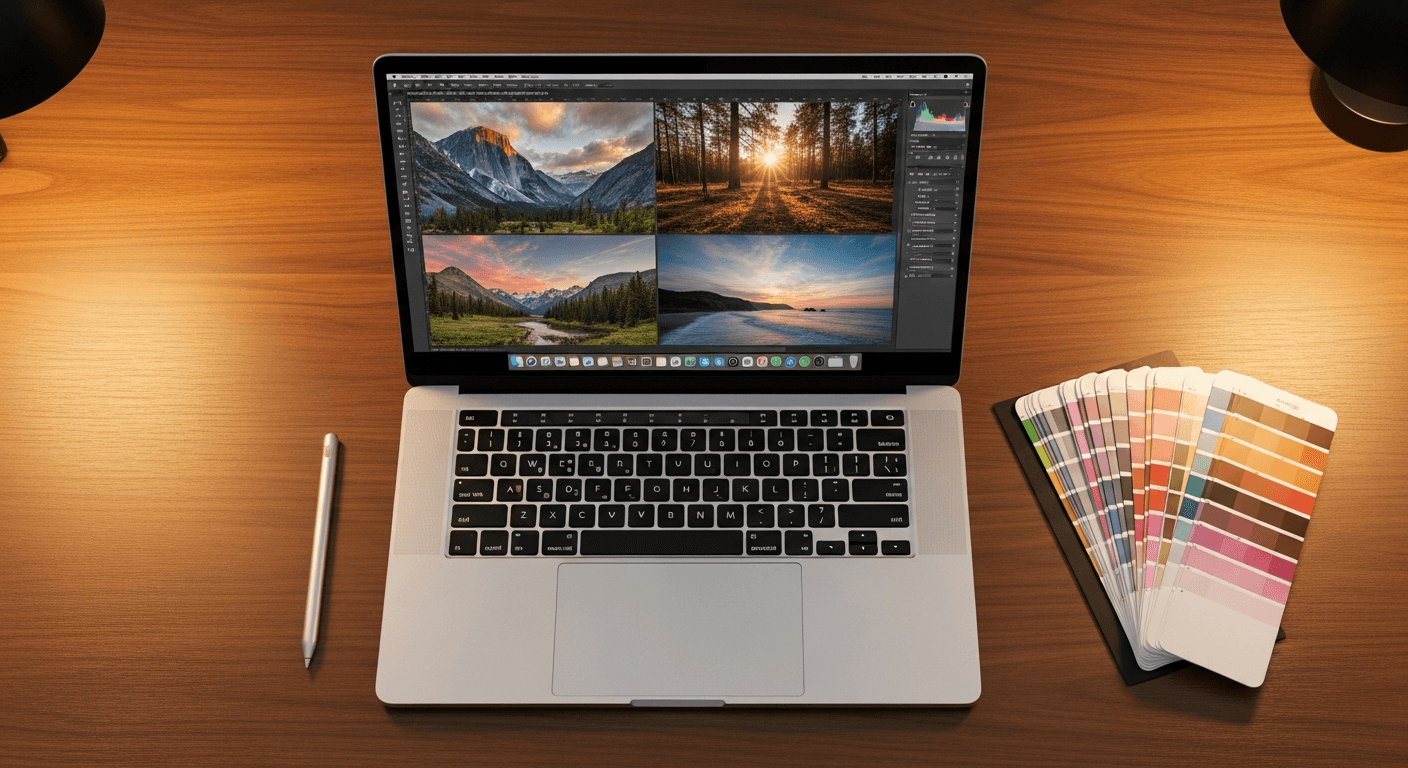 ASUS Zenbook 14 OLED ouvert sur un bureau avec éditeur photo à l'écran