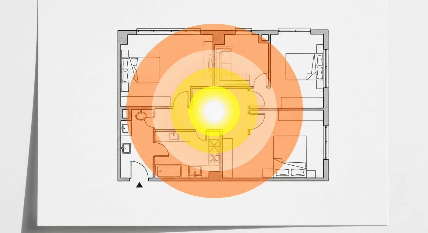 Schéma de couverture WiFi dans un appartement avec zones de signal