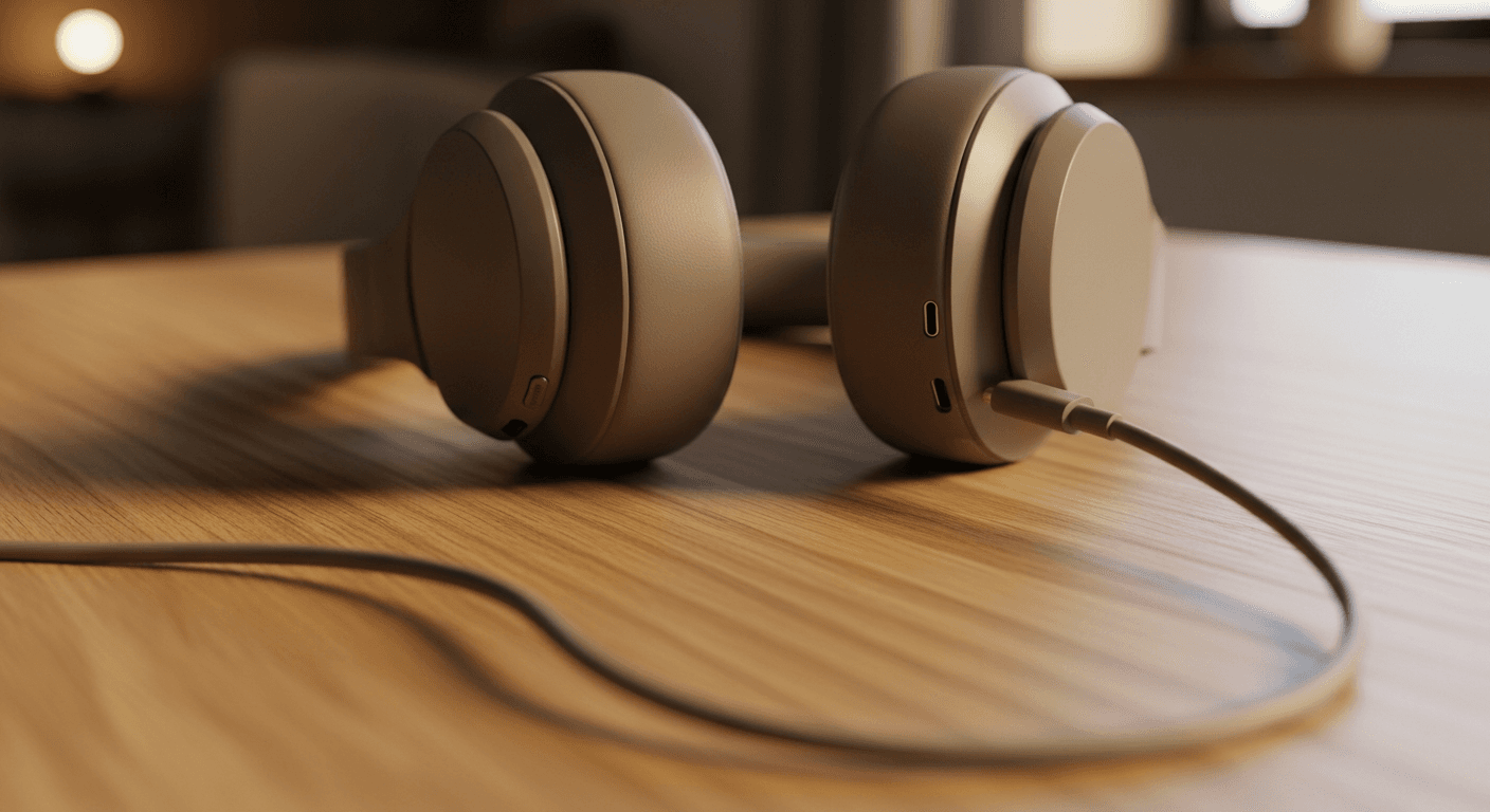 Câble USB-C branché sur le Sony WH-1000XM6 posé sur une surface bois clair
