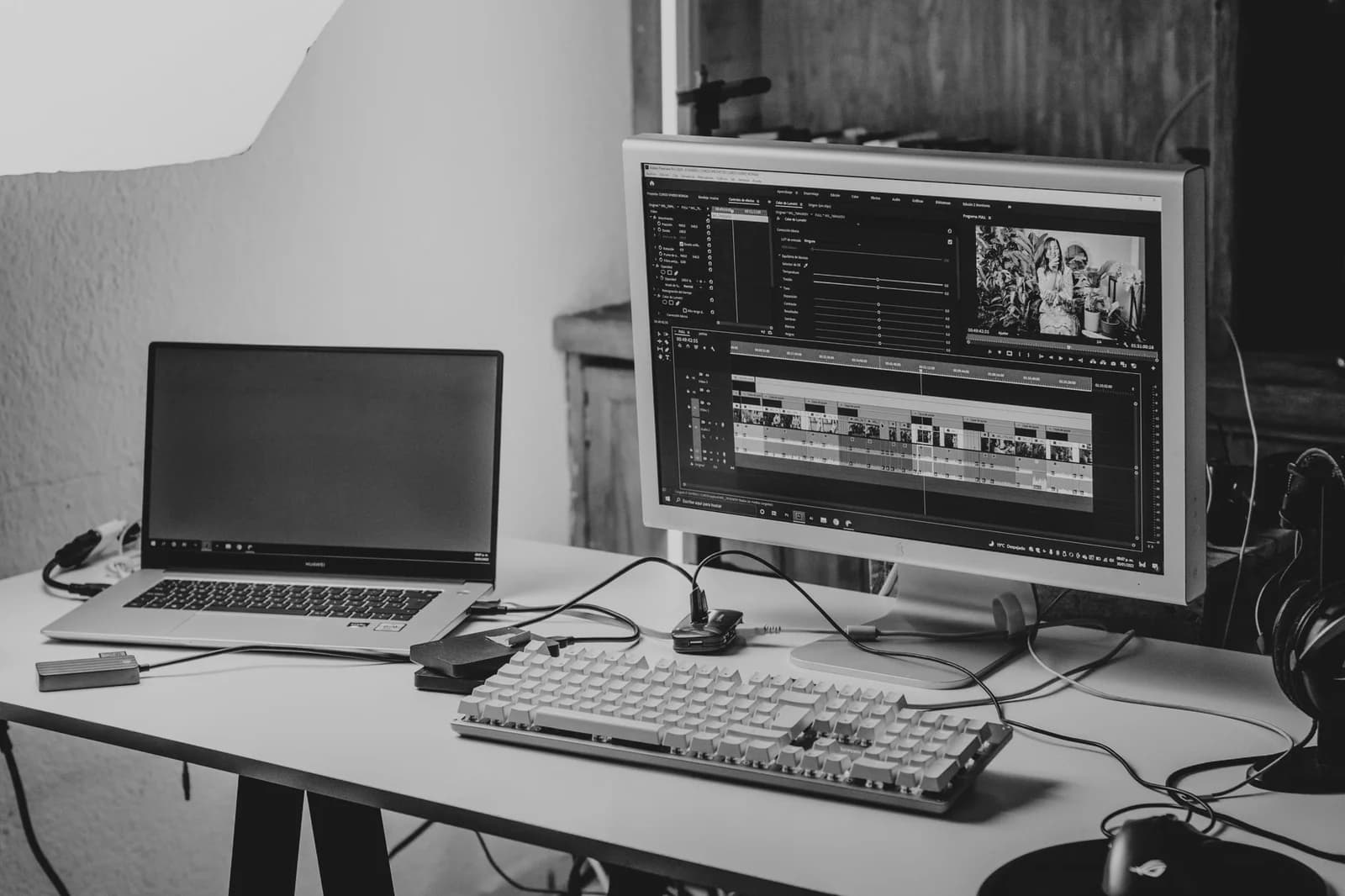 Montage vidéo sur PC de bureau avec barrettes RAM visibles, ambiance studio créatif