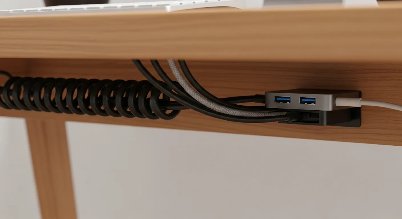 Câbles regroupés et cachés sous un bureau en bois avec gaine spirale et dock USB-C