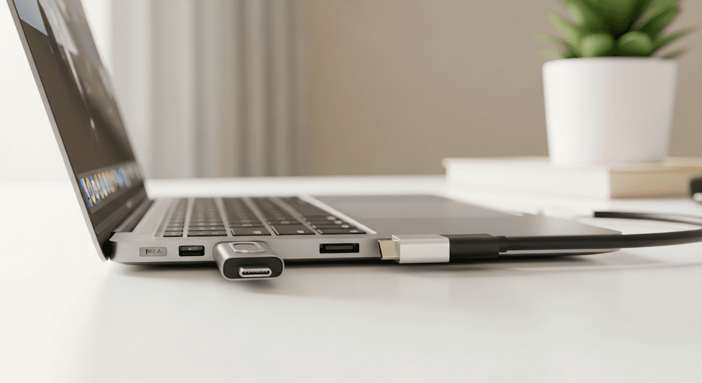 Hub USB-C branché sur un Dell XPS 13 posé sur un bureau, avec clé USB et câble HDMI connectés