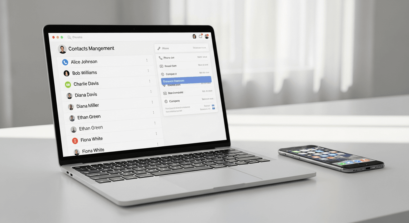 Interface de gestion de contacts sur laptop avec smartphone à côté